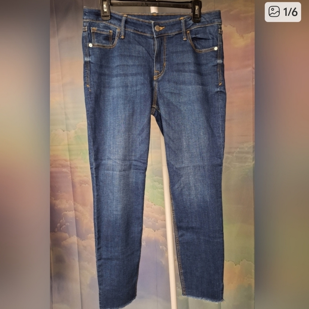 Old Navy Dark Wash Rockstar Super Skinny Fray Fringe Hem Jeans Cropped Ankle 12